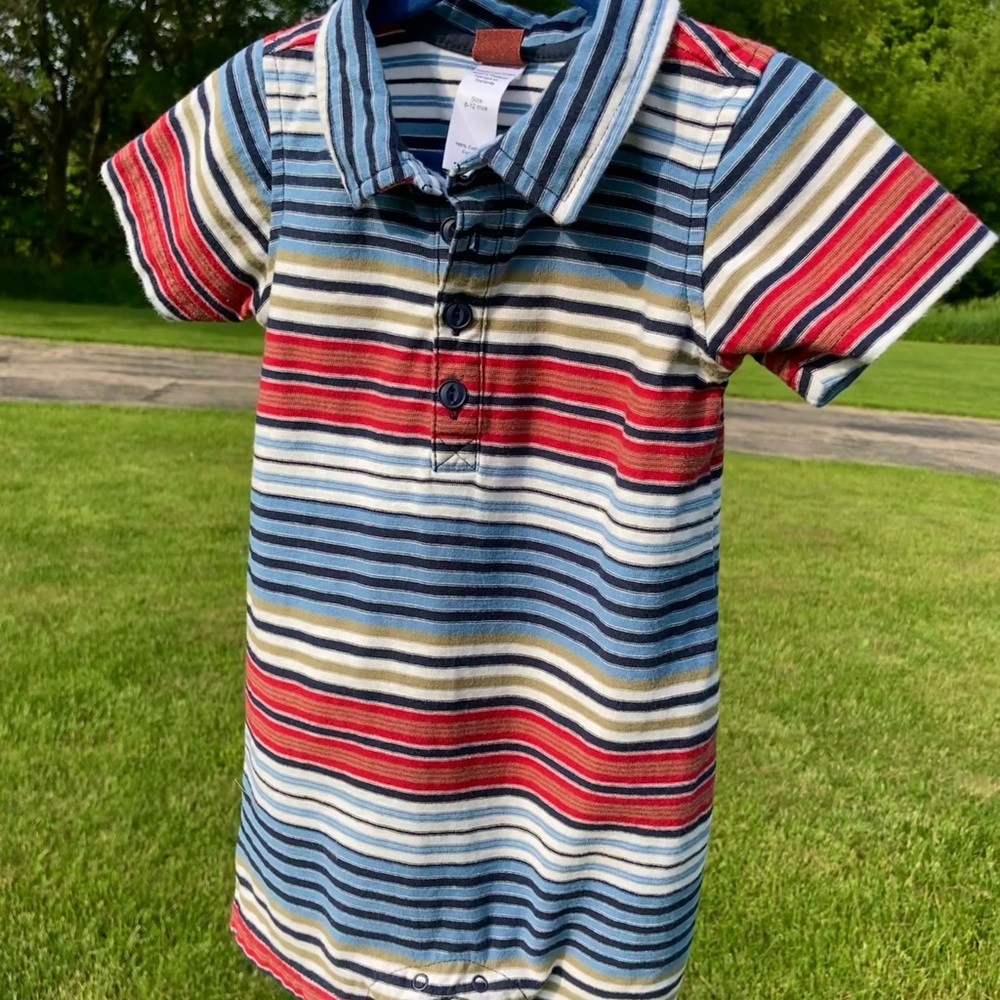 Tea: Boys polo style romper in blue/red/white/olive.  Size 6-12 months.